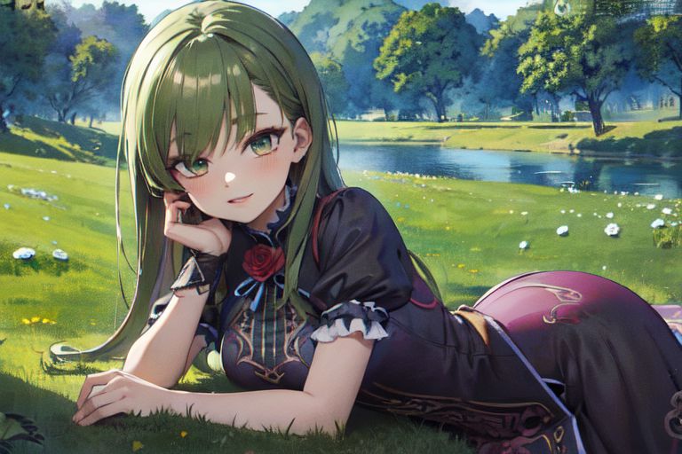 (masterpiece:1.4), 4K8K, (anime style), (high shutterspeed:1.4), (sharp edges), 
SyFyEye1, FanFo, 
1woman  hands togather,  leaning foward, face focus, smile, closed mouth, 
wearing Celtic style dress, (Detailed face, Detailed eyes, Detailed lips), (solo), 
olive hair, any colored roses, Fantastic, grass firld, river-side,