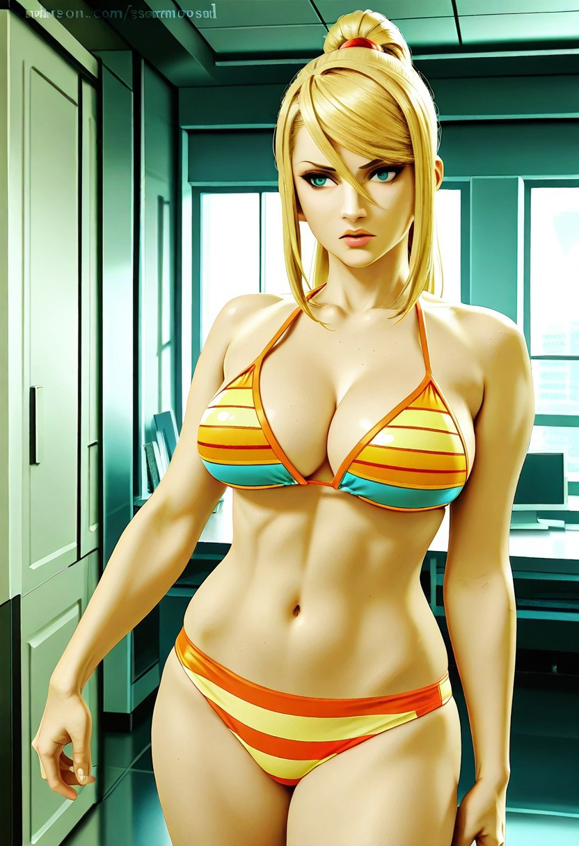striped bikini, solo, 1girl, samus aran, large breasts, indoors