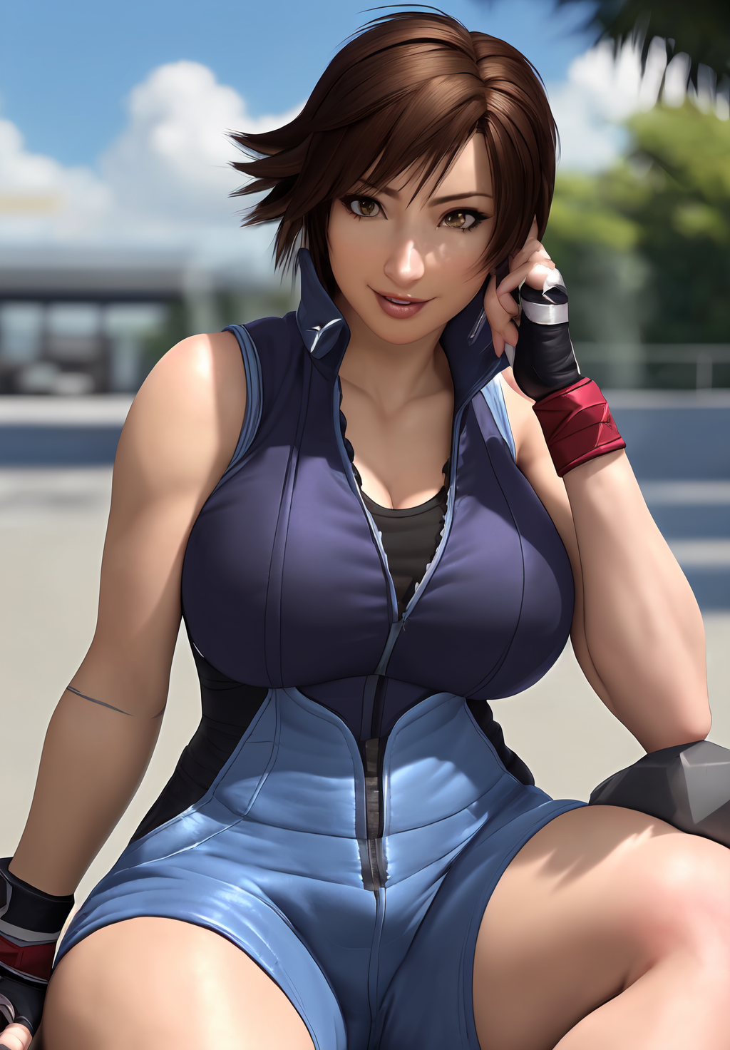 (Photo:1.3), highdetail, <lora:kazama_asuka:0.8>, kazama_asuka, 1girl, solo, sitting, smirk, jumpsuit, blue sports bra, fingerless gloves,, Dark red, gray, and black colors, vibrant colors, (summer, sunny weather:1.3), medium intensity lighting, (Soft focus:1.3), (acclaimed, alluring, captivating, exciting, gorgeous, striking:1.3), (ultra realistic, sharp focus:1.3)