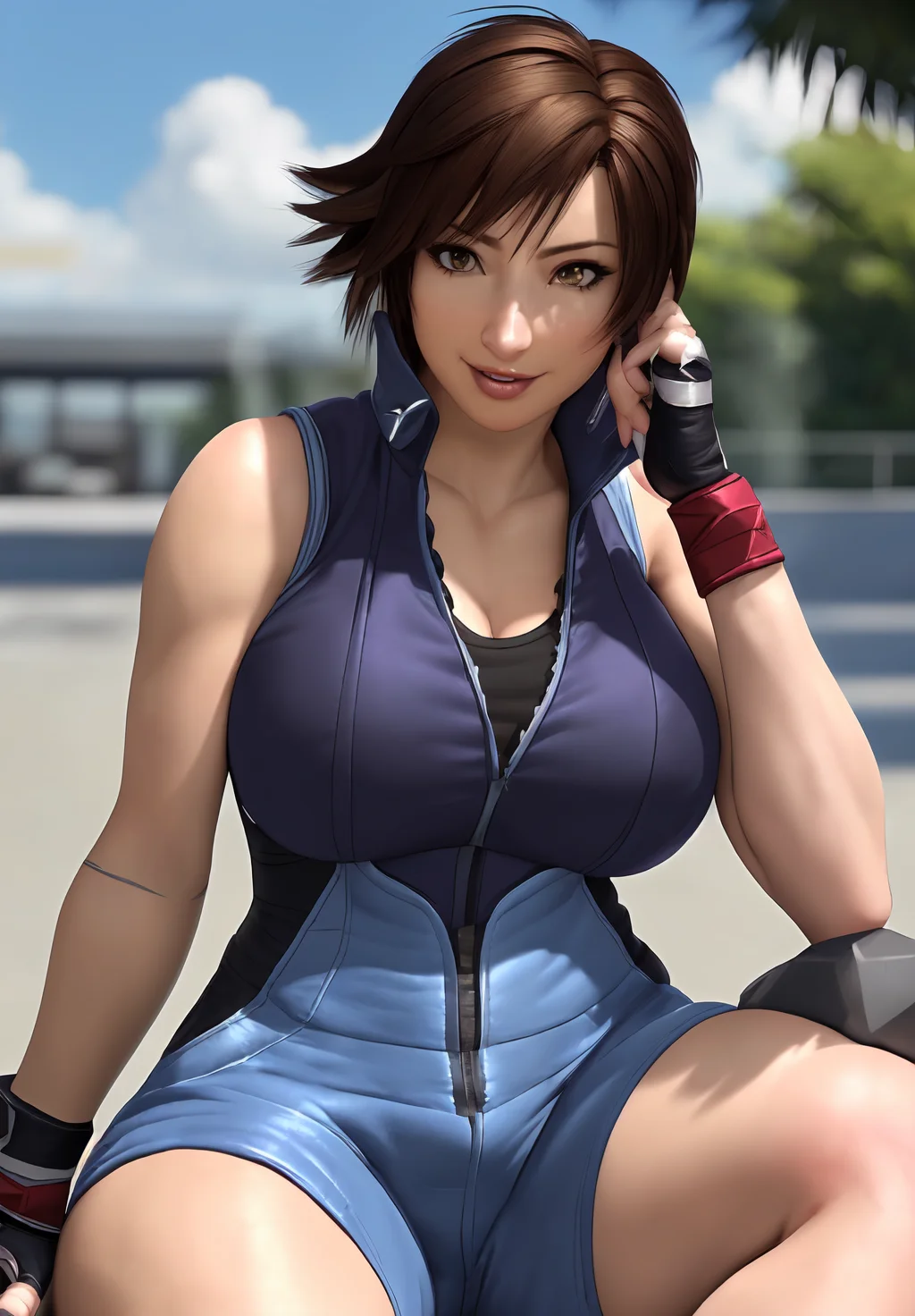 (Photo:1.3), highdetail, <lora:kazama_asuka:0.8>, kazama_asuka, 1girl, solo, sitting, smirk, jumpsuit, blue sports bra, fingerless gloves,, Dark red, gray, and black colors, vibrant colors, (summer, sunny weather:1.3), medium intensity lighting, (Soft focus:1.3), (acclaimed, alluring, captivating, exciting, gorgeous, striking:1.3), (ultra realistic, sharp focus:1.3)