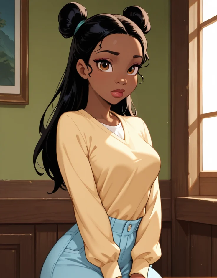masterpiece, best quality, amazing quality, very aesthetic, absurdres, newest, detailed background, 4k, 8k, indoors, medium breasts, looking at viewer,
tianaxd, 1girl, solo, dark skin, dark-skinned female, lips, black hair, very dark skin, brown eyes,
long hair, double bun, shirt, long sleeves, pants, posing,
<lora:Tiana_-_Disney_Illustrious:1>
