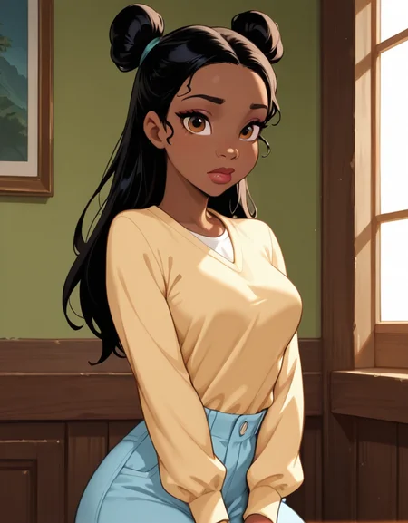 masterpiece, best quality, amazing quality,  very aesthetic, absurdres,  newest, detailed background, 4k, 8k, indoors, medium breasts, looking at viewer, 
tianaxd, 1girl, solo, dark skin, dark-skinned female, lips, black hair, very dark skin, brown eyes, 
long hair, double bun, shirt, long sleeves, pants, posing,
<lora:Tiana_-_Disney_Illustrious:1>
