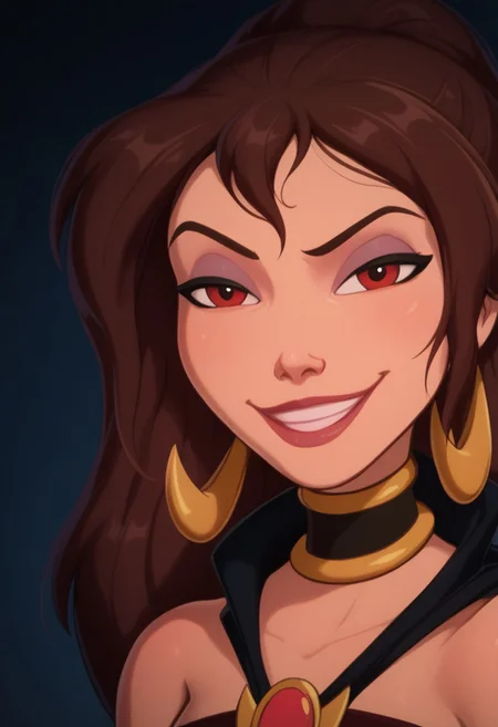 ((beautiful, high quality)), score_9, score_8_up, score_7_up, score_9, score_8_up, score_8, masterpiece, best quality, unrealistically high details, extremely high quality, ultra high detail, good anatomy, 1female, 1girl, lidded_eyes, teasing, ((smug)), ((femdom, mocking, proud)), slutty look, navel, looking at viewer, , teasing, volumetric_lighting, posing, (QueenLaOutfit_JanePorter_ownwaifu, red eyes, brown hair, tooth earrings, long hair, earrings, lipstick, makeup, long hair, red lips, eyeshadow, armband, bracelet, brooch, brown cape, gold, jewelry, neck ring, , tribal, cape, armlet, bare shoulders, choker, cleavage, spikes, bangle, black cape, necklace, strapless) , (plump lips), simple background, (ray tracing, good shadows, score_9, score_8_up, score_7_up), ((red eyes, glowing eyes)), , glowing red aura, volumetric lighting glowing hair, evil smile, pale_skin, ((portrait, close-up, sassy smile, from_the_shoulders_up))