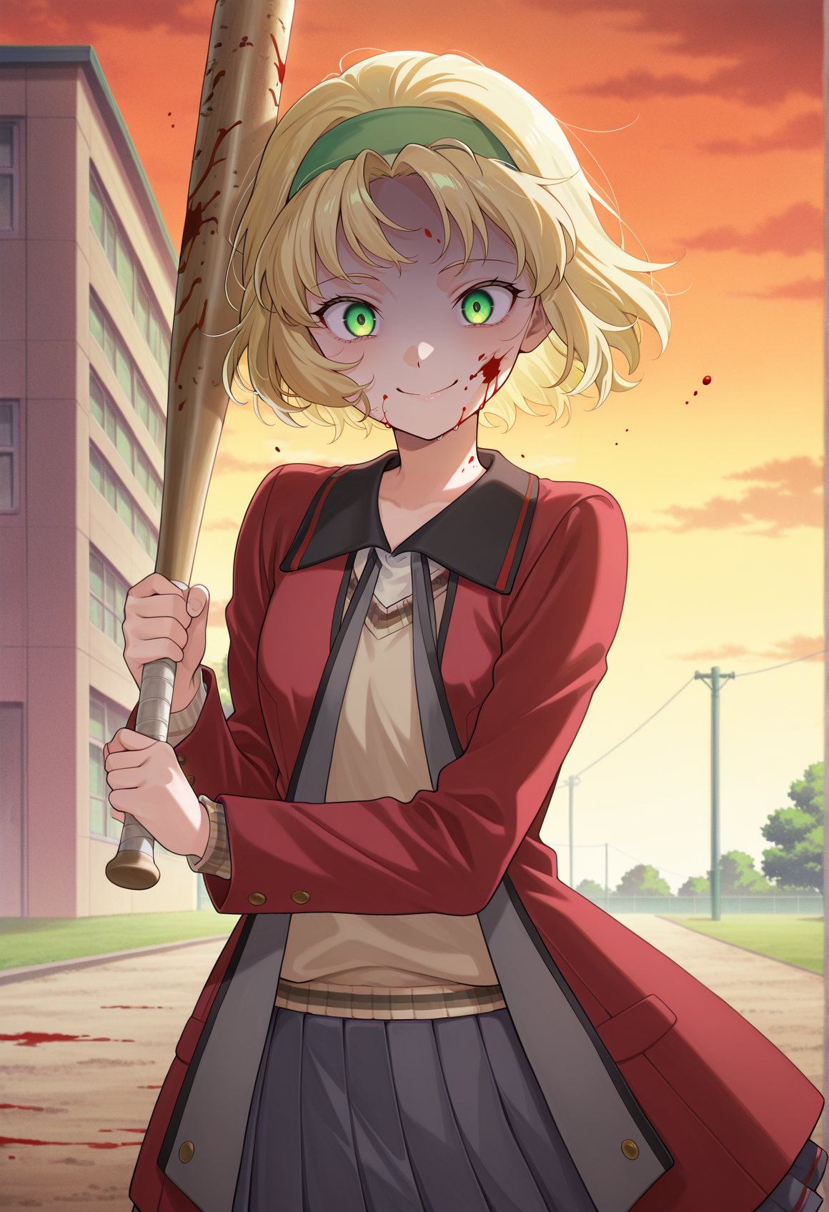 1girl, blonde hair, short hair, hairband, green eyes, school uniform, pleated skirt, red blazer, sweater, outdoors, smile, yandere, blood on face, baseball bat, anime screencap, anime screenshot, swinging,   <lora:nina_illus:1>, masterpiece, best quality, amazing quality, very aesthetic, absurdres, highres, newest