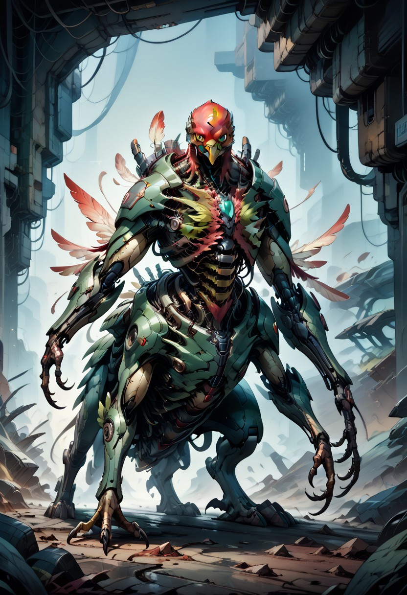 score_9, score_8_up, score_7_up, score_6_up, score_5_up, cyborg, cyberpunk, biomechanical, fleshmutant, cybermutant, anthro, full body, standing, digitigrade, griffin, claws, beak, talons, feathers, science fiction, mechanical parts, spine, mechanical, robot joints, cybernetic wings, four legs, two arms, griffin, griffin, taur, quadruped