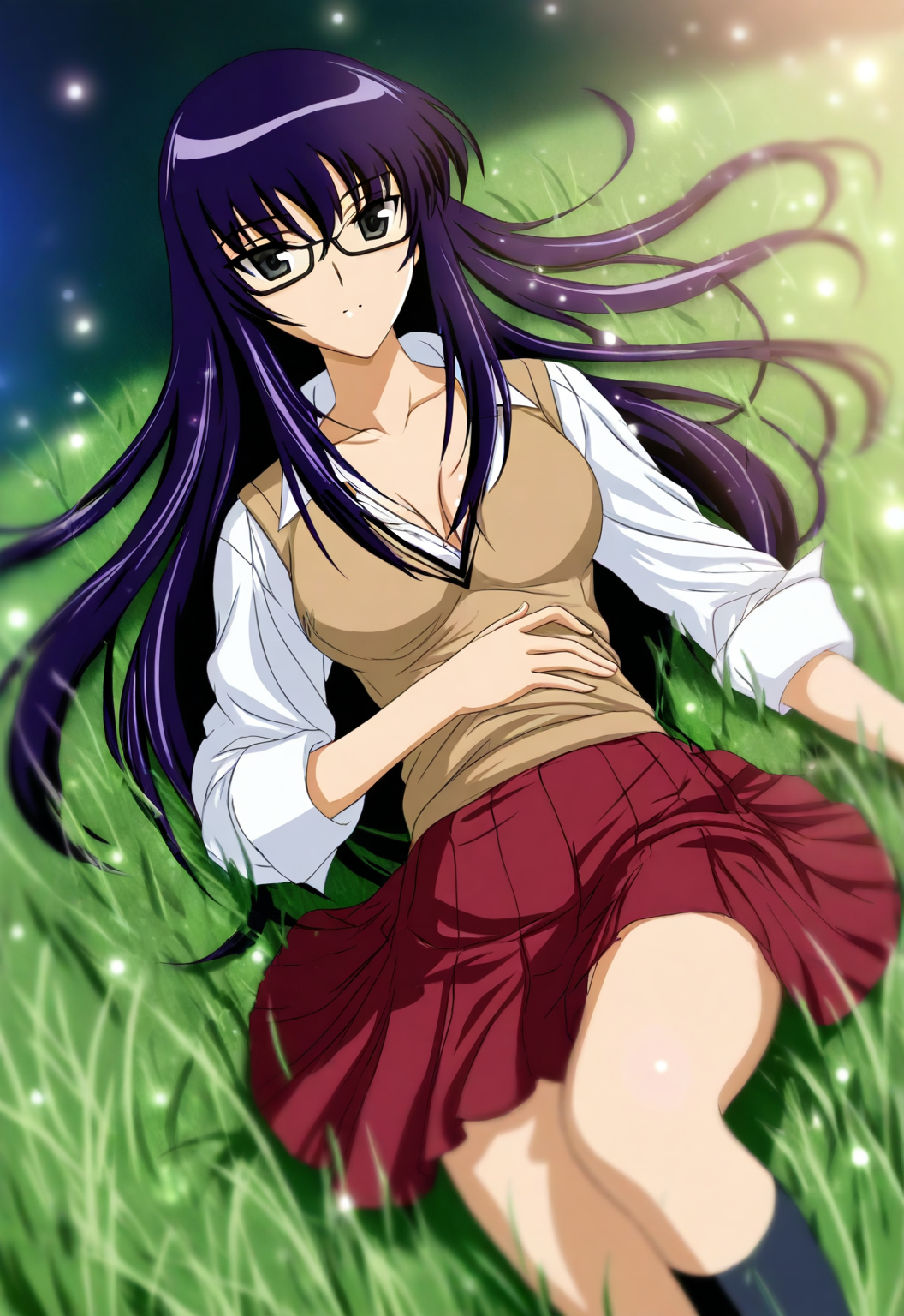 1girl, <lora:osakabe_itoko_illustrious_xl_v1:1>, osakabe itoko, purple hair, long hair, sidelocks, black eyes, two side up,
lying, on back, feet out of frame, medium breasts, cleavage, glasses, school uniform, brown vest, white collared shirt, pleated skirt, red skirt, on grass, tall grass,
masterpiece, best quality, newest, absurdres, highres, depth of field, light particles