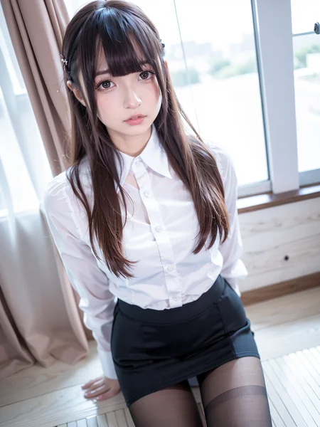 <lora:mafuyulightmakeup:0.7>, mafuyu, 1girl, solo, realistic, makeup, long hair, brown hair, bangs, black eyes, looking at viewer, blurry, day, blush, soft light, 8K, ultra high resolution, ultra-detailed, photorealistic, an extremely delicate and beautiful, caffe, (white shirt:1.1), microskirt, (pencil skirt:1.1), (pantyhose:1.2), corset,