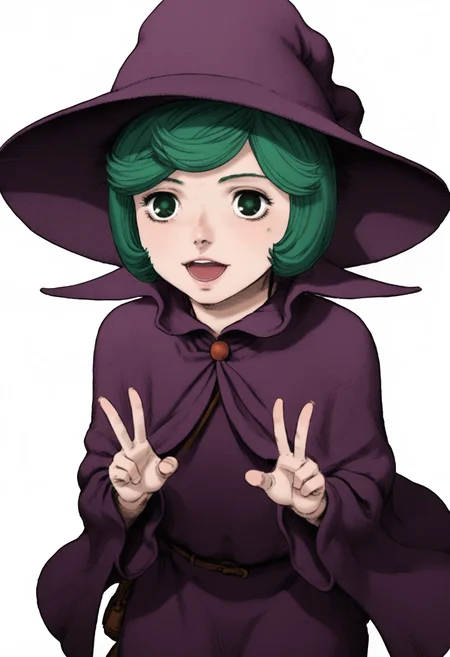 score_9, score_8_up, score_7_up, source_anime BREAK, 1girl, solo, white background, <lora:DX888Schierke:1>, schierke, bob cut, green hair, green eyes, witch, witch hat, cloak, cowboy shot, v pose, from above,