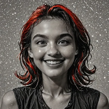 Realistic, cinematic shot, selective color, monochrome background, 4k, Gadget,(fighting aliens), 18yo, blaster, alien planet, Gadget, smile, perfect face, easynegative, ALRGFC, alluring face, Stable_Yogis_PDXL_Positives
