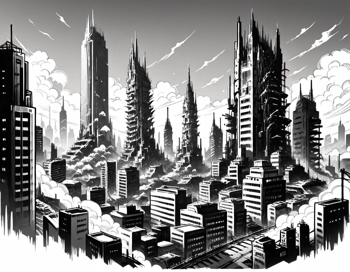 score_9, score_8_up, score_7_up,  <lora:Clean Sketch (J) style:1> monochrome, city with towers and buildings,