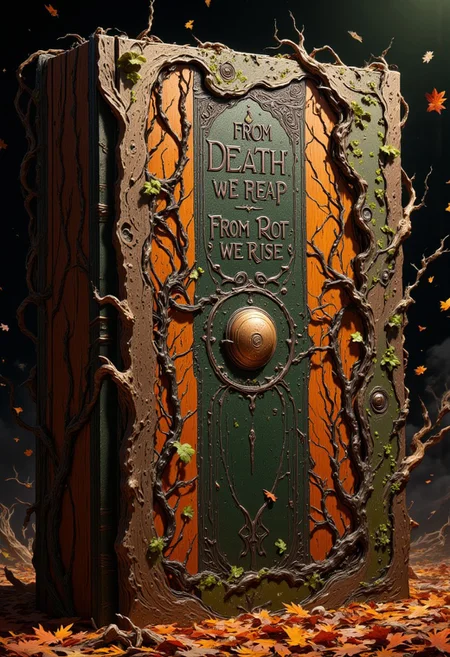 This massive tome is bound in gnarled, bark-like leather, with veins of dark green and fiery orange running across its cracked surface. Dried tendrils of ivy wrap around its edges, merging with its spine, almost as if the book is growing with the autumn earth. The pages are thick, stained with the scent of damp soil and burnt herbs. The air around it is heavy with the scent of decaying leaves, and as you reach out to touch it, a gust of wind scatters fiery orange leaves in all directions.
Etched on the cover is the following text: “From Death, We Reap, From Rot, We Rise.”
, live action, in the style of an old 80's VHS dark fantasy, VHS screen grab, grainy, old footage, in the style of an old 80's VHS dark fantasy, VHS screen grab, grainy, old footage
