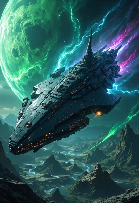 A colossal, awe-inspiring spaceship orbiting a vibrant alien planet, its sleek, angular hull gleaming with polished black panels that reflect the planet’s swirling emerald and amethyst storms. Massive thrusters glow with a fiery blue pulse, trailing faint wisps of energy, while intricate weapon arrays and towering spires jut from its surface, hinting at untold power. The planet below shimmers with bioluminescent oceans and jagged, crystalline continents, bathed in the light of a twin-star system casting dramatic shadows across the ship’s form. Cinematic scale, hyper-detailed textures, rich colors, and ethereal lighting create a sense of grandeur and mystery, A3ther