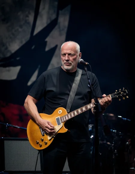 <lora:DAVID_GILMOUR:1>This is a photograph of an older man playing an electric guitar on stage. The man has a bald head and a full silver neaty trimmed beard, giving him a distinguished appearance. He is dressed casually in a plain black t-shirt and dark pants. A black leather strap is slung diagonally across his chest, holding his guitar in place. He is playing a golden Gibson Les Paul electric guitar, which has a shiny metallic finish and classic Gibson features like the trapeze tailpiece and the iconic headstock with the Gibson logo. The guitar is connected to an amplifier and a microphone stand, suggesting he is performing live.
In the background, there is a large, dark, and slightly blurred stage backdrop, which adds depth and a sense of grandeur to the scene. The backdrop has a textured, abstract design with hints of red and black, enhancing the stageâs atmosphere. The lighting is bright, highlighting the man and his guitar while casting soft shadows. The overall mood is lively and energetic, reflecting the excitement of a live musical performance. The image captures the essence of a seasoned musician engaged in his craft, with the details and textures of both the man and his guitar vividly portrayed.