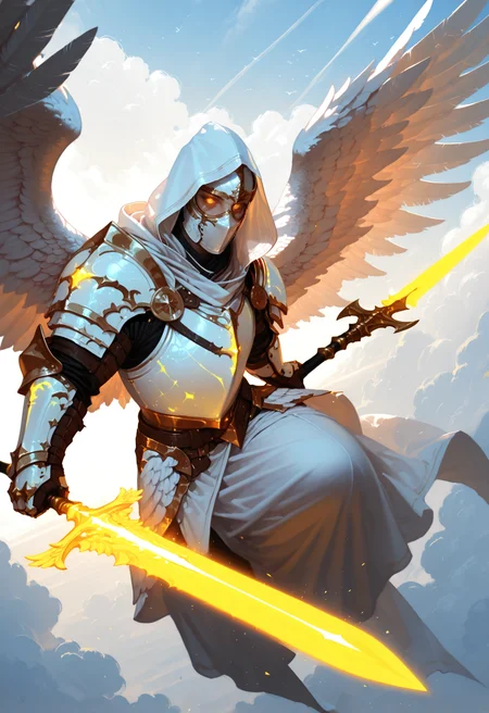 armor, weapon, sword, glowing, wings, hood, solo, 1boy, glowing eyes, shoulder armor, gauntlets, male focus, white mask, holding weapon, hood up, looking at viewer, holding, holding spear, pauldrons, feathered wings, white wings, angel wings, vambraces, sky, cloud, glowing weapon, white armor, white hood, white clothes.<lora:11Ri-MIX_a2-000013:1> rimixa, masterwork, masterpiece, best quality, dynamic lighting , dynamic pose,, dynamic angle, , , , (lineless), detailed, <lora:Detailer_NoobAI_Incrs_v1:0.5>, , depth of field, dynamic lighting, blurry, cheekbones, aged up, (realistic:1.2)
<lora:zy_illustrious_Realism_Enhancer_v1:0.25>