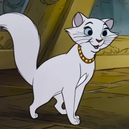 Duchess, Disney, cartoon, 2D, cat, female, white fur, paws, blue eyes, gold jeweled collar,