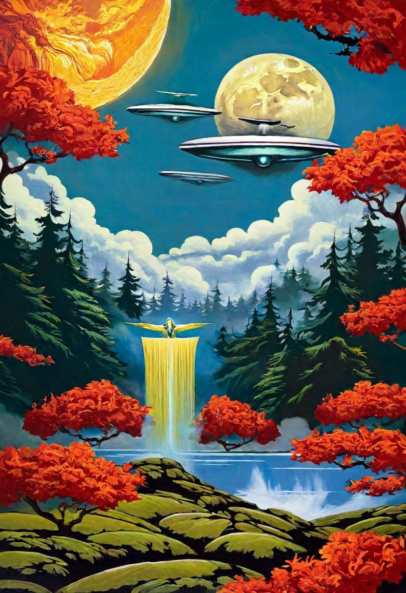 Ophanim hovers over Ava Gardner, forest, 
(James Jean Art Style) surreal<lora:locon_vanessaparadis_v1_from_v1_64_32:1>