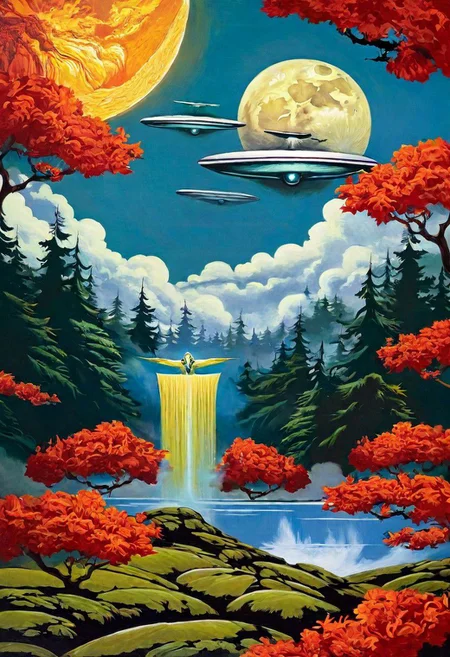 Ophanim hovers over Ava Gardner, forest, 
(James Jean Art Style) surreal<lora:locon_vanessaparadis_v1_from_v1_64_32:1>