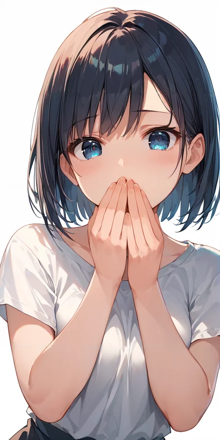 score_9, score_8_up, score_7_up,source_anime, high res image,masterpiece,best quality,break,
girl,cute face,clear skin,shiny hair,ultra detailed eyes,simple background,
<lora:hand over own mouth_pony_V1.0:1> hand over own mouth, covering own mouth