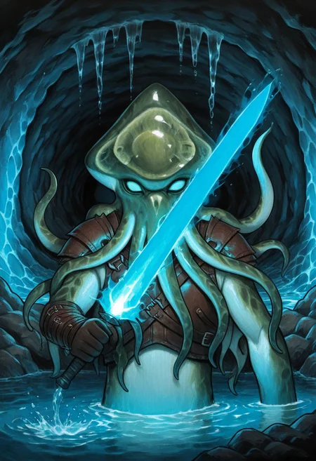 (solo), lukch, painting_\(medium\), portrait, no humans, squid tentacles, dynamic pose, leather armor, animal focus, dungeons & dragons, dungeons and dragons, cavern, water, underground, energy sword, glow, empty eyes,
traditional media, best quality, absurdres, [dynamic pose]