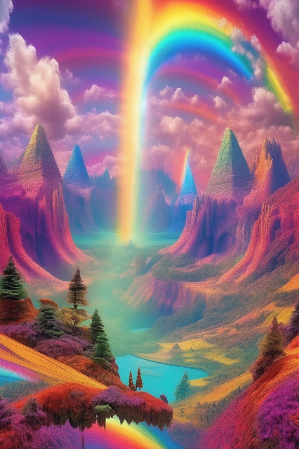 <lora:Larry Carlson Style:1>Larry Carlson Style - Step into an otherworldly realm where reality transcends its boundaries and embraces a kaleidoscope of vibrant colors and distorted perspectives. In this psychedelic landscape, a breathtaking panorama unfolds before your eyes. Surreal mountains rise like towering giants, their peaks adorned with cascading waterfalls that flow with liquid rainbows. The sky, an ever-shifting tapestry of swirling patterns and radiant hues, emanates an ethereal glow that bathes the entire scene in a luminescent embrace. As you gaze deeper into this mesmerizing vista, the landscape begins to transform. Trees twist and contort, taking on whimsical shapes that defy logic. Fields of vibrant flowers pulsate with a rhythmic energy, radiating a symphony of colors that transcends the visible spectrum. The ground beneath your feet appears to ripple and undulate, as if alive with an unseen energy. In the distance, a magnificent sunset paints the horizon in a surreal fusion of hues, casting long rays of golden light that dance and weave through the air. The clouds above morph and shift, forming intricate patterns that mesmerize the senses. The entire scene pulsates with a vibrant energy, inviting you to explore the depths of this luminous wonderland.