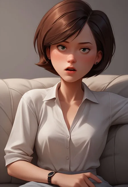 score_9, score_8_up, score_7_up, score_6_up, score_5_up, score_4_up, rating_questionable, 1girl, Hel_en, on a couch, seductive look, short hair, dark red hair, big hips, 1970 aesthetic, blouse