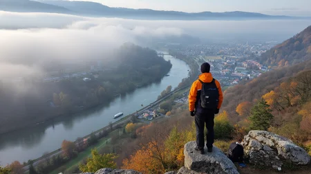 early 2010s snapshot photo captured with a phone and uploaded to facebook, man in outdoor clothing standing on top of a cliff overlooking a mountain river valley with farms surrounding a small town, engulfed partially in morning fog