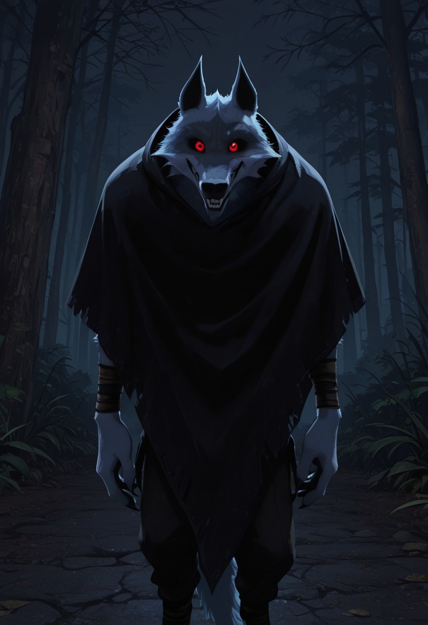 masterpiece, best quality, amazing quality, very aesthetic, absurdres, newest,  high quality, detailed, male, solo male, DeathWolf, 1boy, mature male, male, athletic build, anthro, wolf, white fur, animal ears, red eyes, black sclera, black cloak, bandages on arms, looking at viewer, grinning, outdoors, dark (theme), night time, glowing eyes, eye shine, horror (theme)