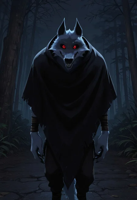 masterpiece, best quality, amazing quality, very aesthetic, absurdres, newest, high quality, detailed, male, solo male, DeathWolf, 1boy, mature male, male, athletic build, anthro, wolf, white fur, animal ears, red eyes, black sclera, black cloak, bandages on arms, looking at viewer, grinning, outdoors, dark (theme), night time, glowing eyes, eye shine, horror (theme)