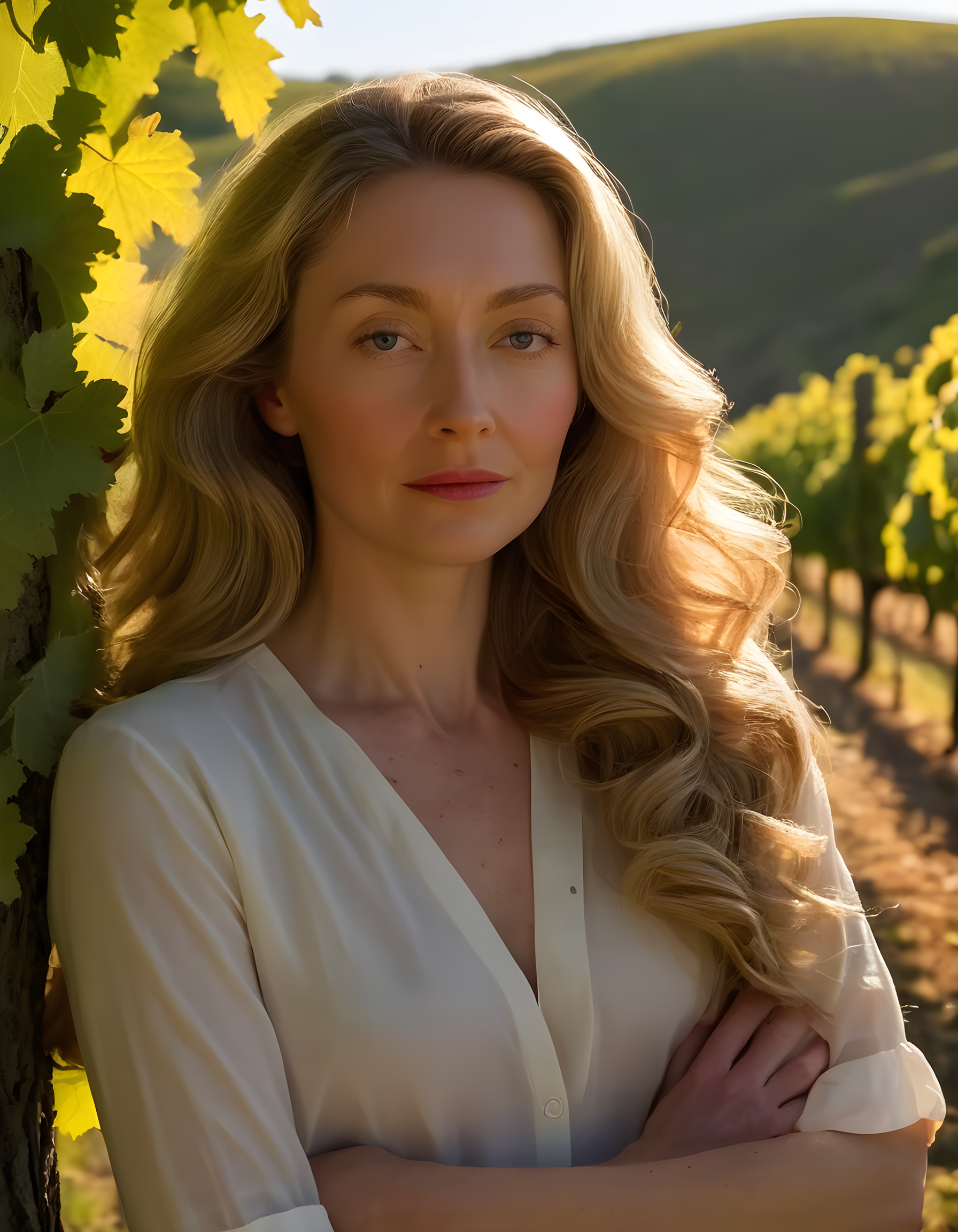 In a vibrant, sun-drenched vineyard during the golden hour, Miacollinsss, a striking woman with a cascade of wavy blonde hair and a distinctive mole on her left cheek, poses solo, gazing intently at the viewer, her arms crossed and leaning against an aged, gnarled oak tree. The soft afternoon light bathes her in warmth, casting long shadows that accentuate the rolling hills and grapevines of the picturesque countryside behind her.