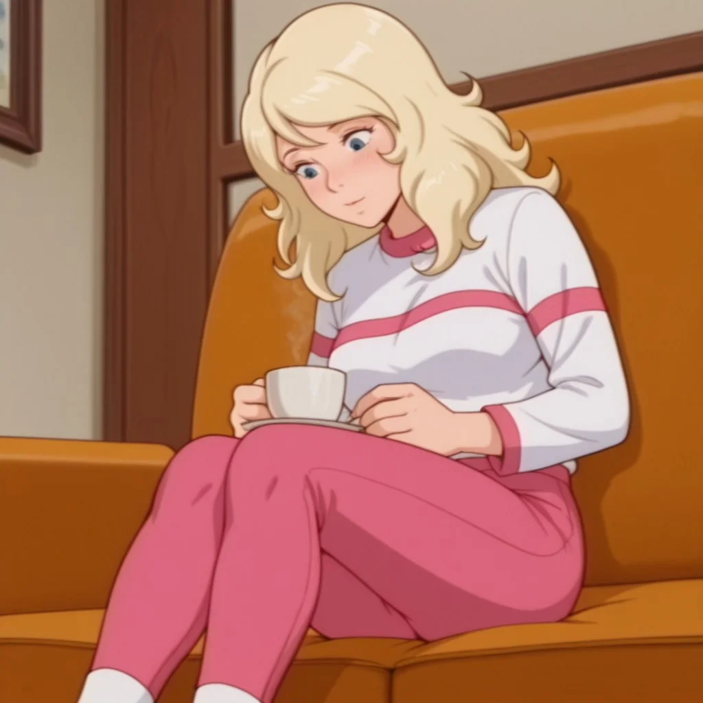 masterpiece, best quality, amazing quality, SarahDSil, human, female, blonde hair, blue eyes, white shirt, long sleeves, pink stripes, pink pants, white socks, sitting inside, drinking tea