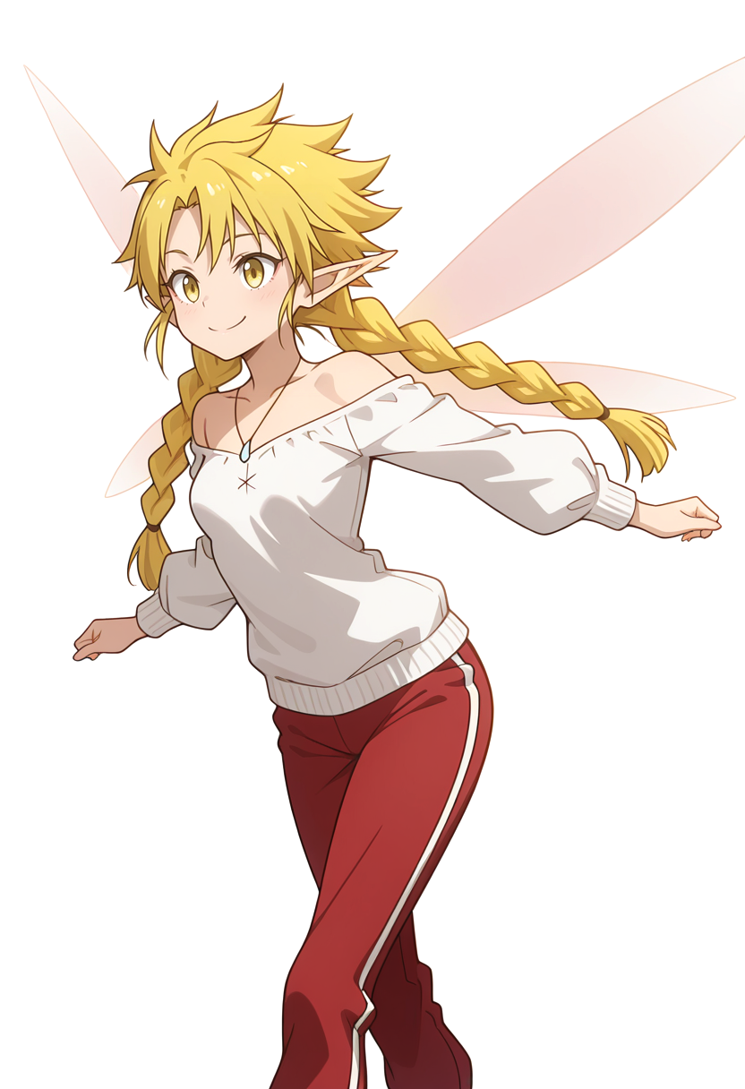 Smooth Quality,masterpiece,very intricate, high quality details, ultra realistic, high detailed skin,detailed enviorement,absurdres, 
simple background, white background, 
dynamic angle,dancing,
^q^ ,solo, 
 <lora:Ramiriscnn:0.8> ramiriscnn, 1girl, fairy, minigirl, blonde hair, yellow eyes, pointy ears, long hair, twin braids,small breasts,fairy wings, bare shoulders, lantern sleeve blouse,  ,pullover,,track pants, ,