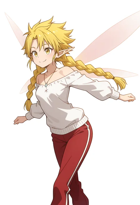 Smooth Quality,masterpiece,very intricate, high quality details, ultra realistic, high detailed skin,detailed enviorement,absurdres, 
simple background, white background, 
dynamic angle,dancing,
^q^ ,solo, 
 <lora:Ramiriscnn:0.8> ramiriscnn, 1girl, fairy, minigirl, blonde hair, yellow eyes, pointy ears, long hair, twin braids,small breasts,fairy wings, bare shoulders, lantern sleeve blouse,  ,pullover,,track pants, ,