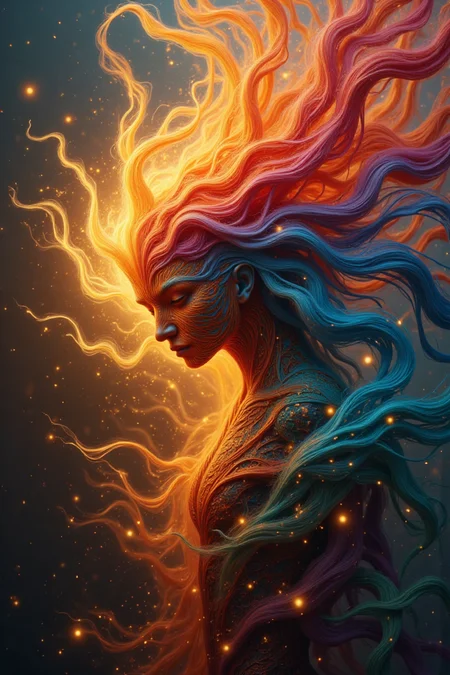 Produce an abstract art piece featuring swirling, colorful shapes that evoke a sense of energy and movement. The artwork is composed of vibrant hues, textures, and patterns, creating a dynamic visual experience for the viewer.,intricate portrait,xmag,light flare