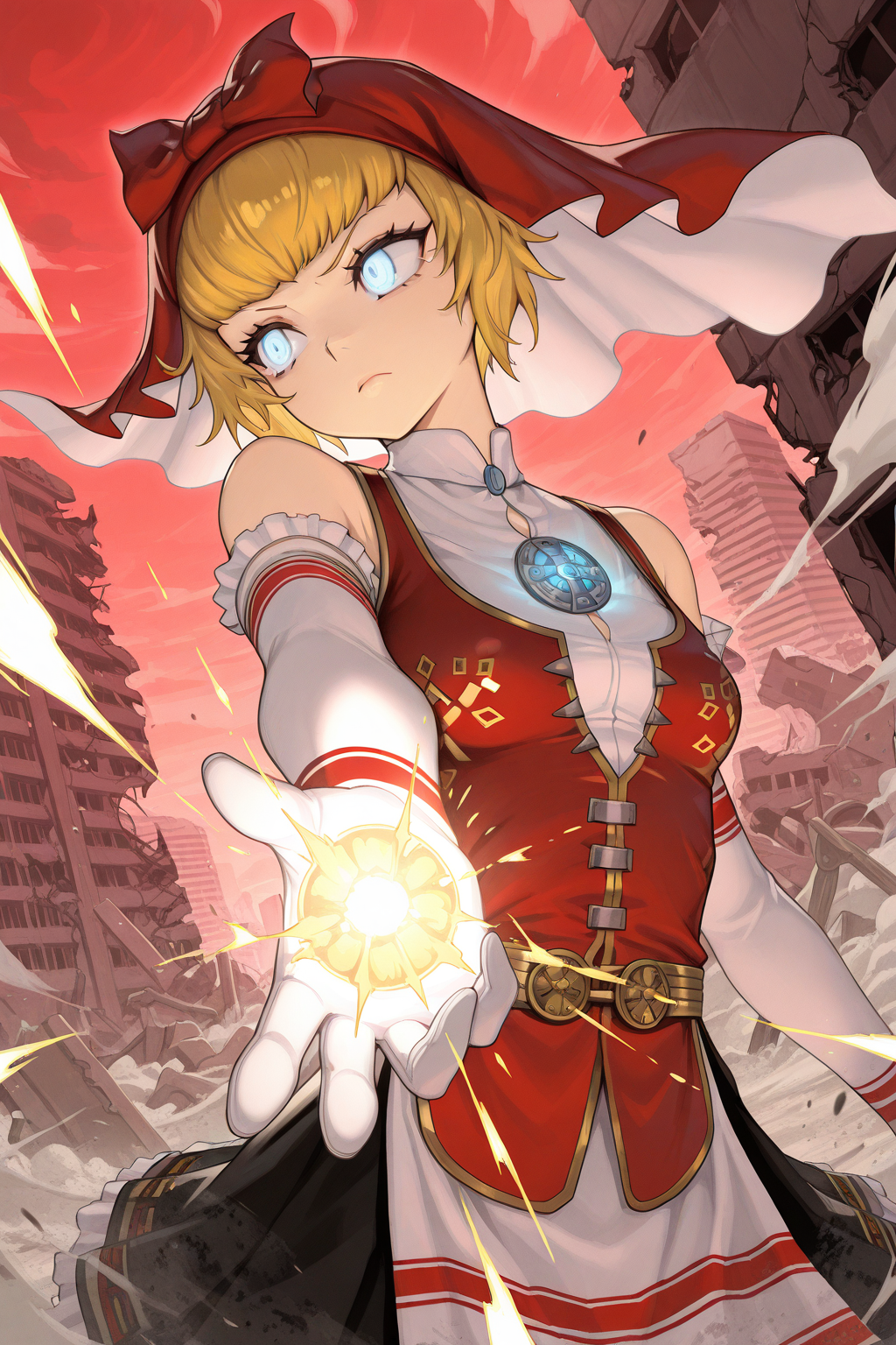 1girl,
IdunnShinMegamiTensei,
general, solo, perspective, dutch angle, upper body,
short hair, blonde hair, detailed eyes,
red hood, elbow gloves, 
skirt, 
battle, looking away, serious, casting spell,
glowing_eyes,
tokyo, red sky, ruins, building, dust,
<lora:kp_IdunnShinMegamiTenseiIllustrious_v1_0:1.0>,
masterpiece, best quality, amazing quality