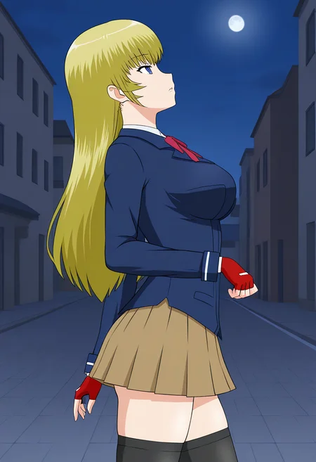 1girl, solo, ryusenkarenplutocrat, blonde hair, long hair, blue eyes, blazer, shirt, medium breasts, neck ribbon, fingerless gloves, skirt, thighhighs, standing, from side, outdoors, street, night, moon,cityscape, parted lips, looking up, cowboy shot
