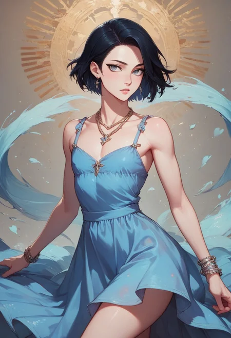 score_9, score_8_up, score_7_up, 1boy, femboy, otoko no ko, short hair, bob cut hair, black hair, grey eyes, gray eyes, feminine face, toned body, Shelly, camisole dress, loose dress, silk dress, blue dress, earrings, necklace, bracelet, elegant, flowing, highly detailed, intricate, zzCitronCAT, flirty expression, walking pose, cowboy shot, looking at viewer, modelshoot, abstract background, solo