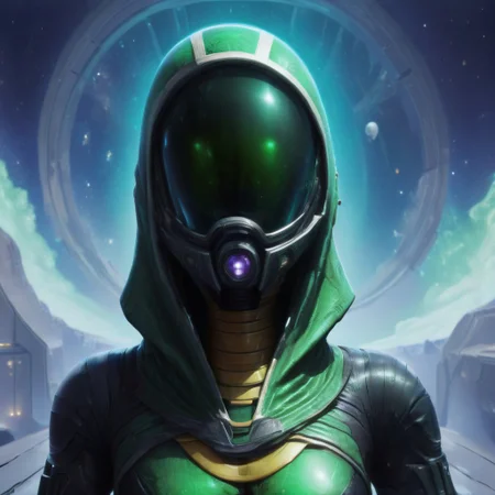 Tali Zorah in jade colored armor, helmet visor is a translucent green, space station background