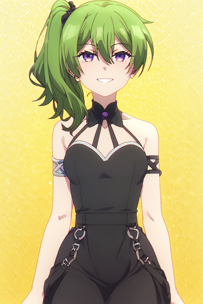 score_9, score_8_up, score_8, medium breasts, (curvy), cute, eyelashes,       BREAK, , <lora:UbelSousounofrieren:0.8>, zzUbel, medium hair, hair between eyes, green hair, side ponytail, purple eyes, black dress, , BREAK, smile, looking at viewer, cowboy shot, embedding:zPDXL, Expressiveh, <lora:PrismaIllya_PDXL_v3:1.0>,  <lora:SDXLFaeTastic2400:0.5>,  <lora:Expressive_H-000001:0.4>,