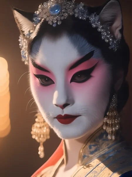 best quality, masterpiece, realistic,8k, BWBJ , a (cat:1.4) with (make up:1.3) look like a woman,blue eyes,upper body,theater,opera, golden hour, <lora:BWBJ-000004:1>