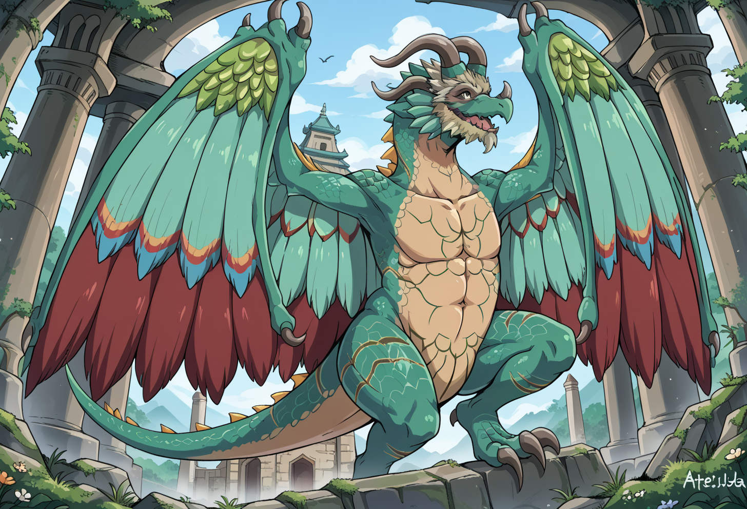 score_9, score_7_up, source_anime, BREAK <lora:AEVentuswill (2):1>  AEVentuswillDra, feathered wings, tail, green scales, green wings, red wings, facial hair, wyvern, horns, 
temple, white marble \(stone\), smile,