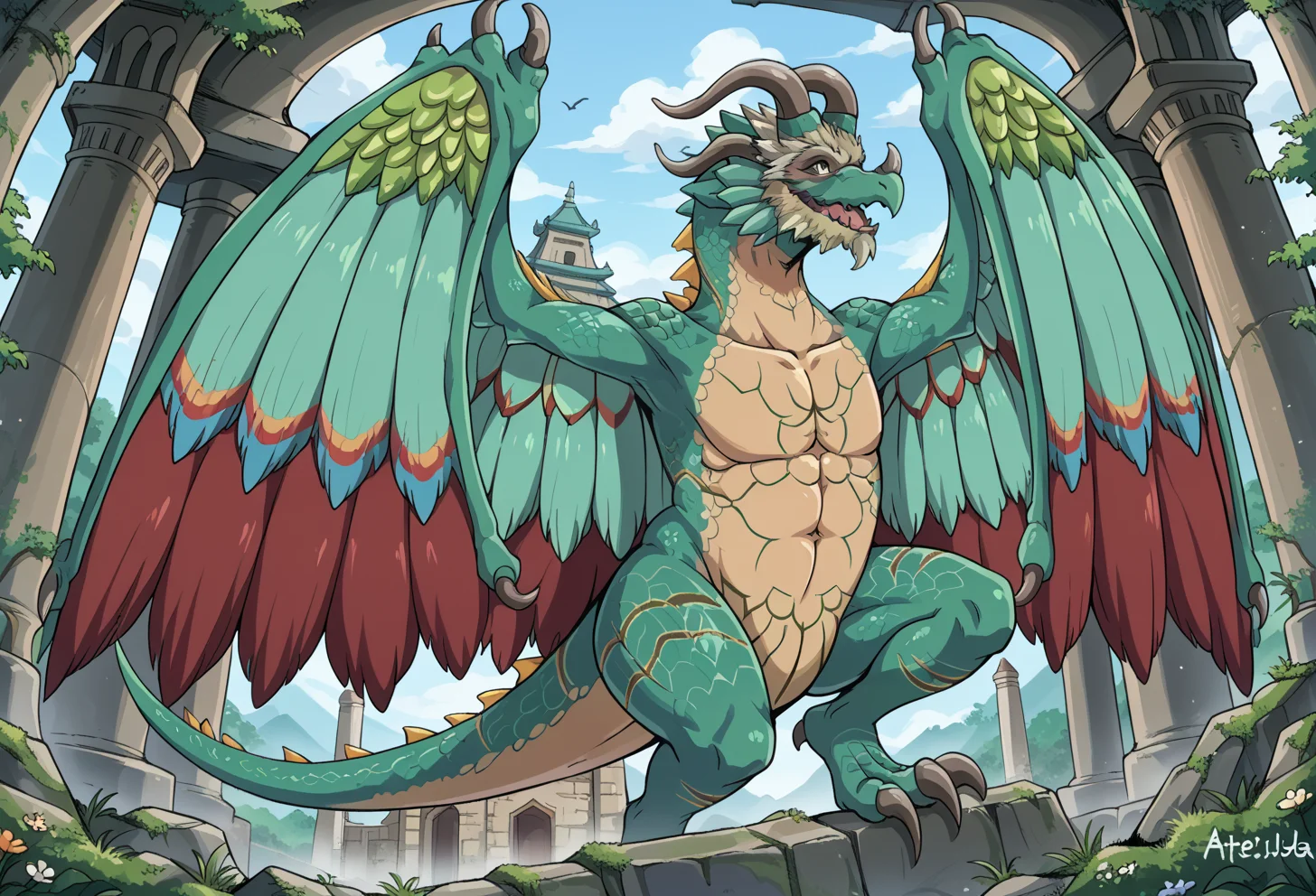 score_9, score_7_up, source_anime, BREAK <lora:AEVentuswill (2):1> AEVentuswillDra, feathered wings, tail, green scales, green wings, red wings, facial hair, wyvern, horns,
temple, white marble \(stone\), smile,