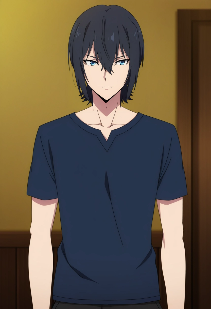 masterpiece, best quality, anime screencap, official style, anime coloring, cowboy shot, 1boy, solo, male focus, <lora:ren_amaki_ilxl:0.92>, ren_amaki, black hair, blue eyes, hair between eyes, ,
