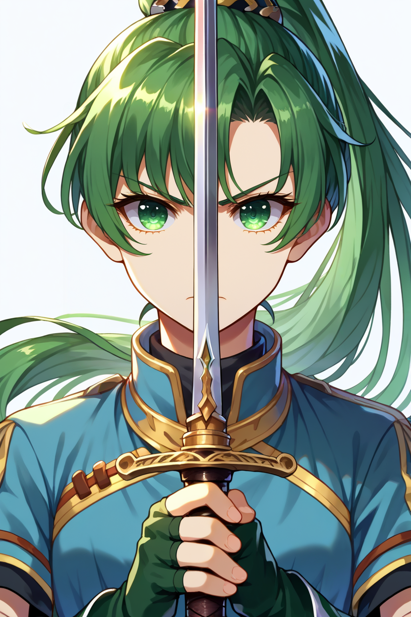 score_9, score_8_up, score_7_up, score_6_up, source_anime BREAK 1girl, solo <lora:lyn-pdxl-nvwls-v1-000005:1> defLyn, green hair, high ponytail, blue dress, short sleeves, fingerless gloves <lora:swordup-pose-richy-v1_pdxl:1.2> swordup, looking at viewer, close-up, simple background, serious