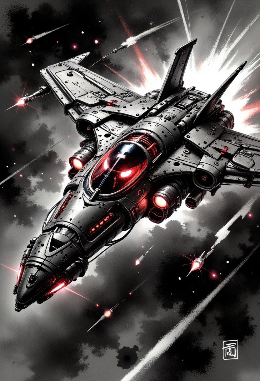 silhouette art, chiascuro, cyberpunk, a_skynet_cyberdyne_systems_craft, the image is featuring an armored futuristic spaceship, adorned with intricate, metallic details, including bolts, wires, and mechanical components, giving it a highly advanced, industrial look, with glowing red diodes and LEDs, illuminated cockpit, flying rapidly through a dark, space background with motion blur, viewed diagonally from the front, directional lighting, silhouetted, light hitting one side, Inkwashara