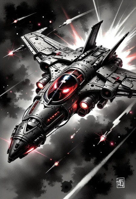 silhouette art, chiascuro, cyberpunk, a_skynet_cyberdyne_systems_craft, the image is featuring an armored futuristic spaceship, adorned with intricate, metallic details, including bolts, wires, and mechanical components, giving it a highly advanced, industrial look, with glowing red diodes and LEDs, illuminated cockpit, flying rapidly through a dark, space background with motion blur, viewed diagonally from the front, directional lighting, silhouetted, light hitting one side, Inkwashara