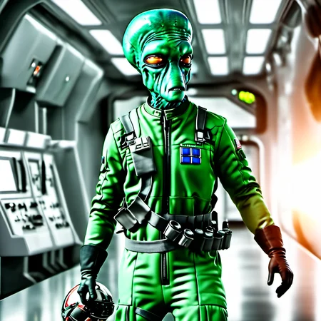 professional 3d model a male duros alien in a green flight suit <lora:duros_alpha2-000006:1> . octane render, highly detailed, volumetric, dramatic lighting