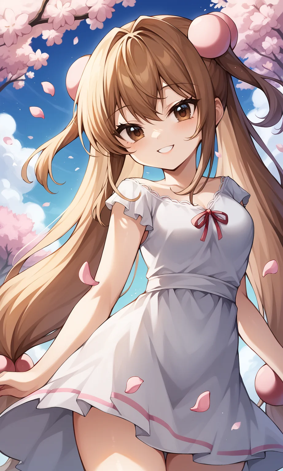 score_9, score_8_up, BREAK
1girl, kokonoerin, brown eyes, dress, brown eyes, very long hair,
looking at viewer, light smile, cowboy shot, cherry blossoms, falling petals, pink petals, blue sky, dynamic lighting,
masterpiece, best quality, very aesthetic,
<lora:KokonoeRin_Pony:1>