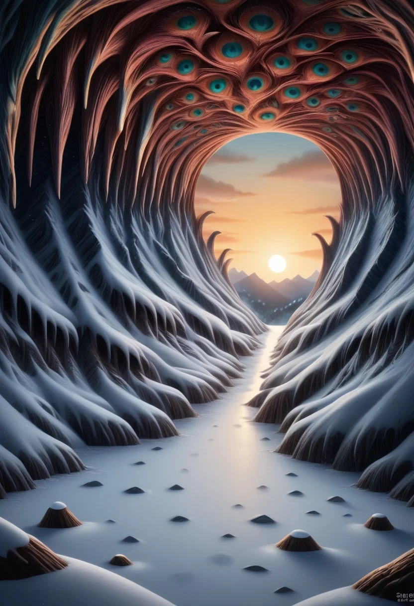 A weird bird like creature made of peacock in a beautiful cave, sunrise, light roams through the cave and creates reflections in the snow, theW3iRDi3Sv2