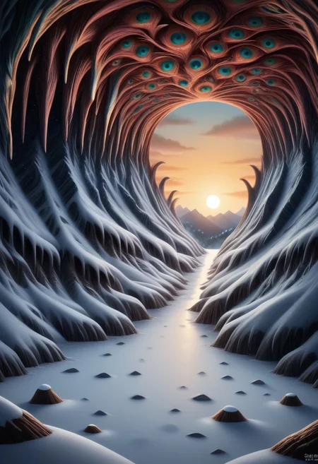 A weird bird like creature made of peacock in a beautiful cave, sunrise, light roams through the cave and creates reflections in the snow, theW3iRDi3Sv2