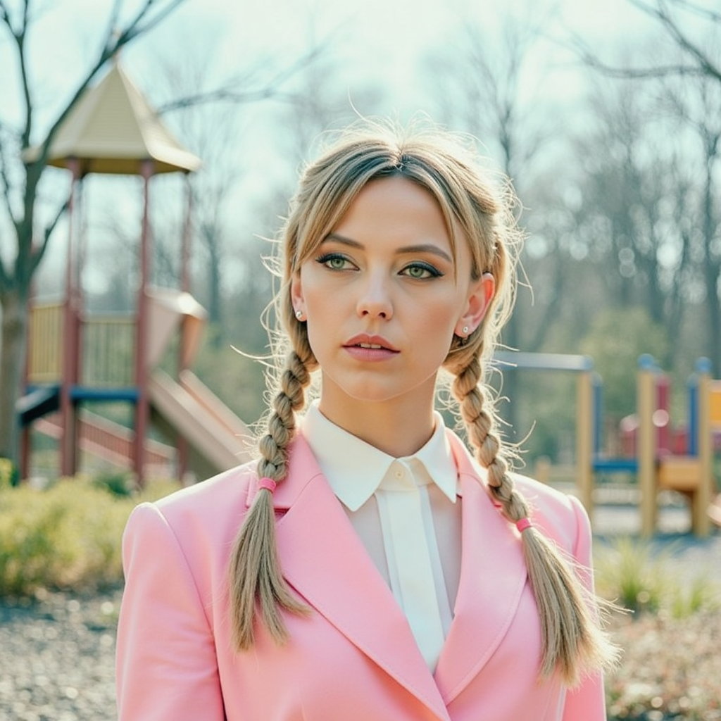 analog film photo watercolor painting ethereal fantasy concept art of  surrealist art analog photography, analog photo, a stunning woman in an eerie abandoned playground in the background, she's wearing a pink women's suit, braided hair, a white blouse and a pink headlace. A candid, close up shot <lora:Riley_Voelkel:1> rileyv . dreamlike, mysterious, provocative, symbolic, intricate, detailed, magnificent, celestial, ethereal, painterly, epic, majestic, magical, fantasy art, cover art, dreamy . vibrant, beautiful, painterly, detailed, textural, artistic, RAW candid cinema, 16mm, color graded portra 400 film, remarkable color, ultra realistic, textured skin, remarkable detailed pupils, realistic dull skin noise, visible skin detail, skin fuzz, dry skin, shot with cinematic camera . faded film, desaturated, 35mm photo, grainy, vignette, vintage, Kodachrome, Lomography, stained, highly detailed, found footage